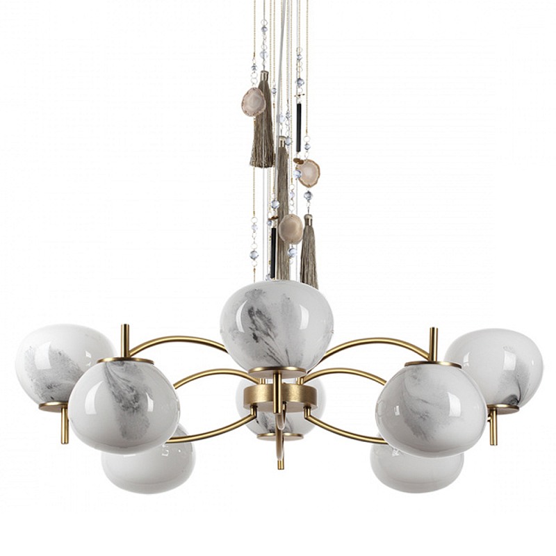 Люстра подвесная с 8-ю шарообразными плафонами из белого стекла с подвесками из камня и кисточками Agatelle Латунь Бежевый Серый Белый в Омске | Loft Concept 
