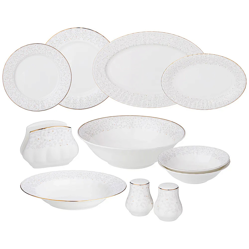 Обеденный сервиз белого цвета из фарфора на 6 персон 26 предметов Floral Charm Белый Серый Золотой в Омске | Loft Concept 
