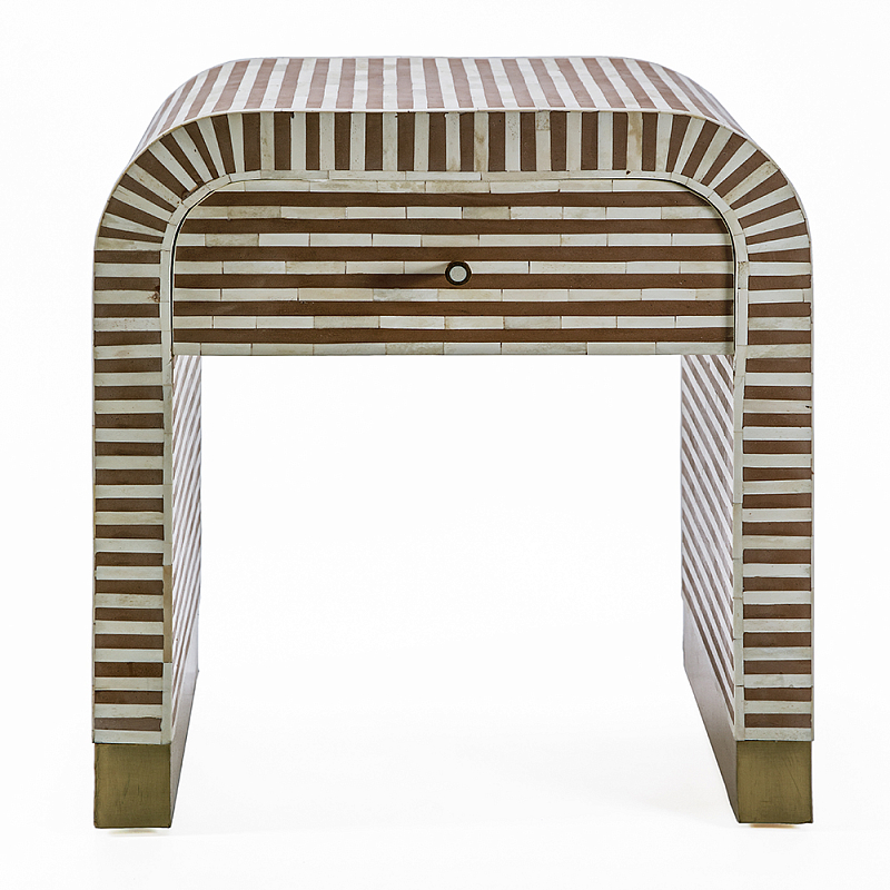 Тумбочка прикроватная с ящиком Tofino Stripes Bone Inlay Bedside Beige ivory ( слоновая кость ) Коричневый Золотой в Омске | Loft Concept 