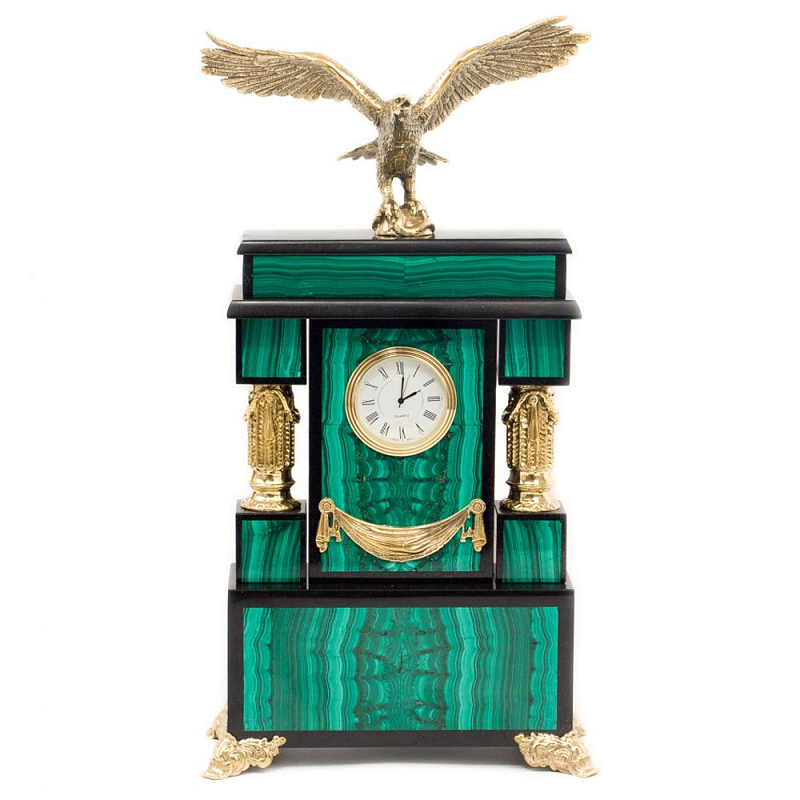 Часы настольные из натурального камня Малахит с декором в виде орла Eagle Stone Clock Малахит Золотой Черный Часы настольные из натурального камня Малахит с декором в виде орла Eagle Stone Clock Малахит Золотой Черный в Омске | Loft Concept
