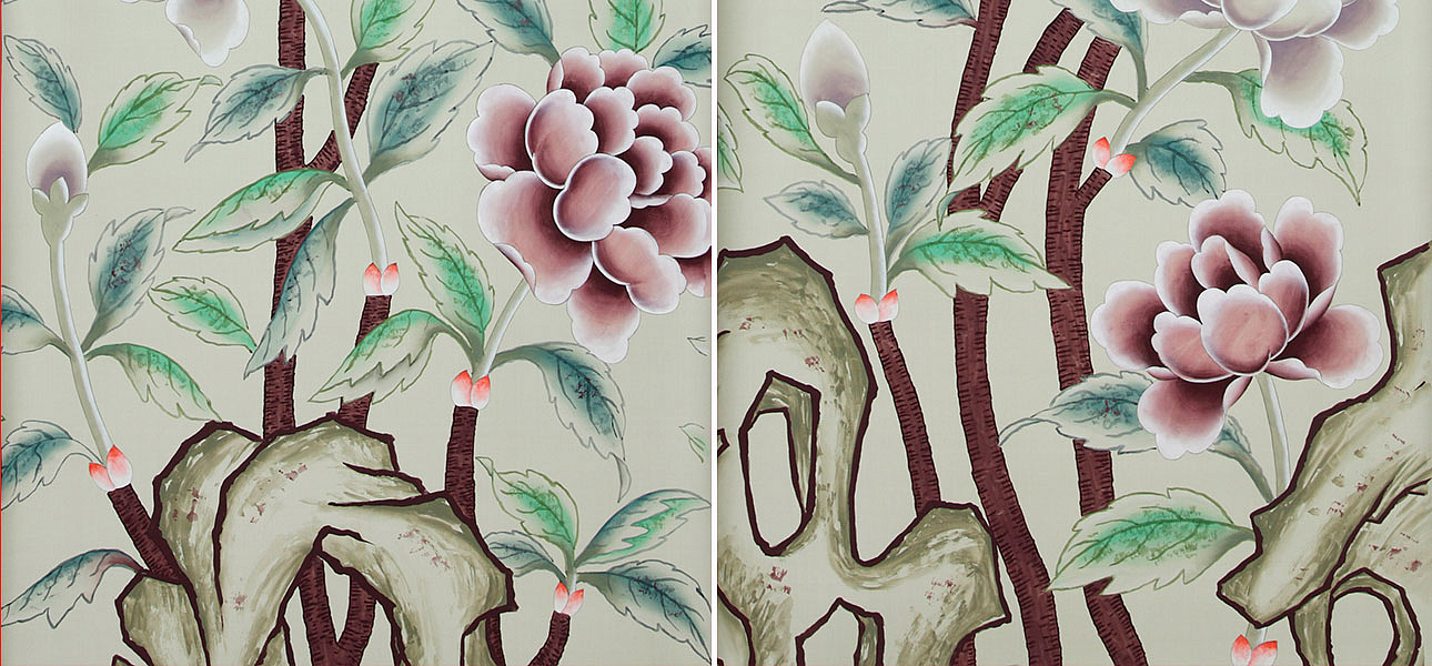 Обои ручная роспись Korean Peony Special Colourway on Icefield dyed silk - Loft-Concept в Омске