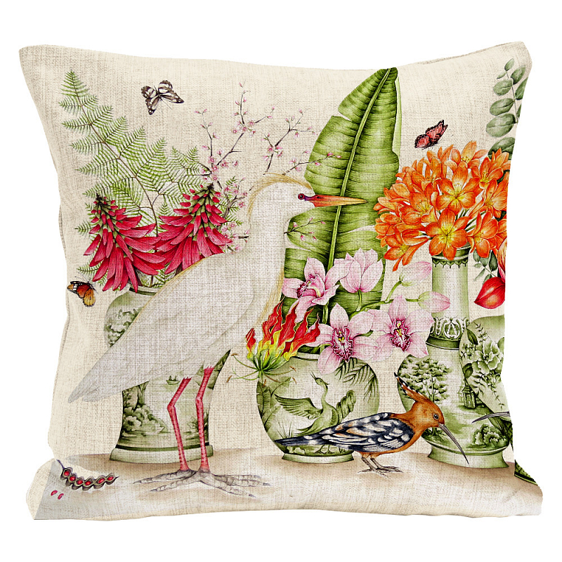 Декоративная подушка White Heron and Hoopoe Pillow Мульти Бежевый Декоративная подушка White Heron and Hoopoe Pillow Мульти Бежевый в Омске | Loft Concept