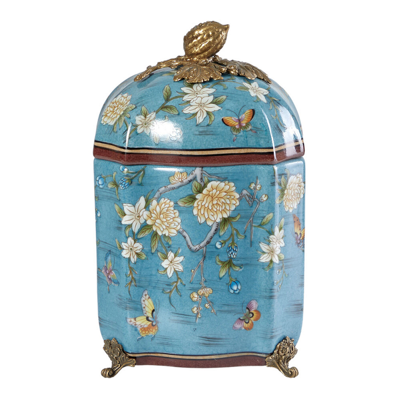 Ваза голубая с крышкой и цветочным узором Genuine Chinese Classics Голубой Мульти Бронза в Омске | Loft Concept 
