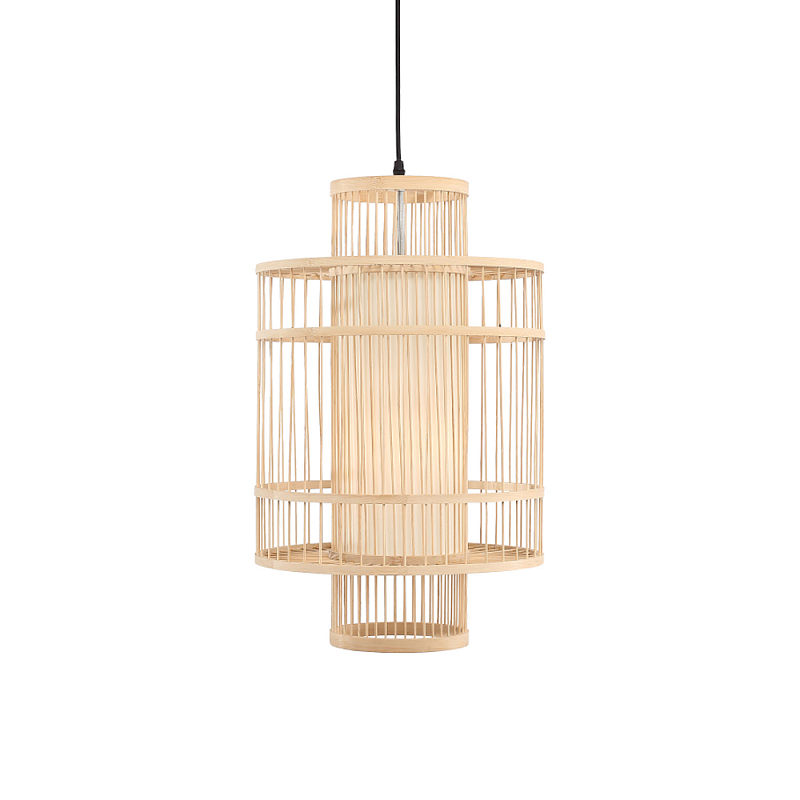 Подвесной светильник из деревянных прутьев с плафоном из натуральной ткани Light Inside the Cell Древесина в Омске | Loft Concept 