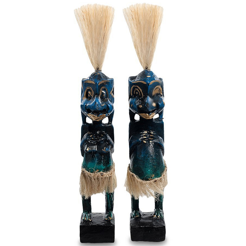 Комплект из 2-х деревянных статуэток Asmat Straw Headdress Statuettes Blue Синий Бирюзовый Бежевый в Омске | Loft Concept 