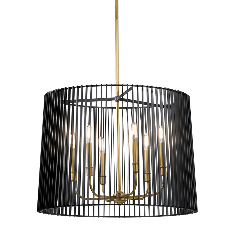 Люстра цвета латунь с 6-ю лампами свечами внутри цилиндрического абажура из черных металлических реек Kichler Латунь Черный в Омске | Loft Concept 