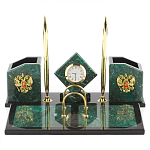 Настольный письменный набор из змеевика с часами и гербом Successful Leader варинант исполнения - 1 | Loft Concept в Омске