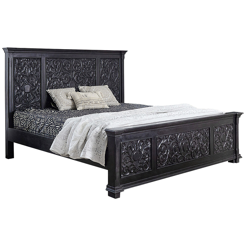 Двуспальная кровать из массива манго с резьбой Vega Grey Mango Bed Черный Серо-бежевый Двуспальная кровать из массива манго с резьбой Vega Grey Mango Bed Черный Серо-бежевый в Омске | Loft Concept