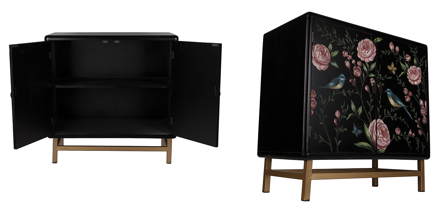 Комод с росписью птицы и цветы Black Chest Of Drawers Peonies Черный Комод с росписью птицы и цветы Black Chest Of Drawers Peonies Черный - Loft-Concept в Омске