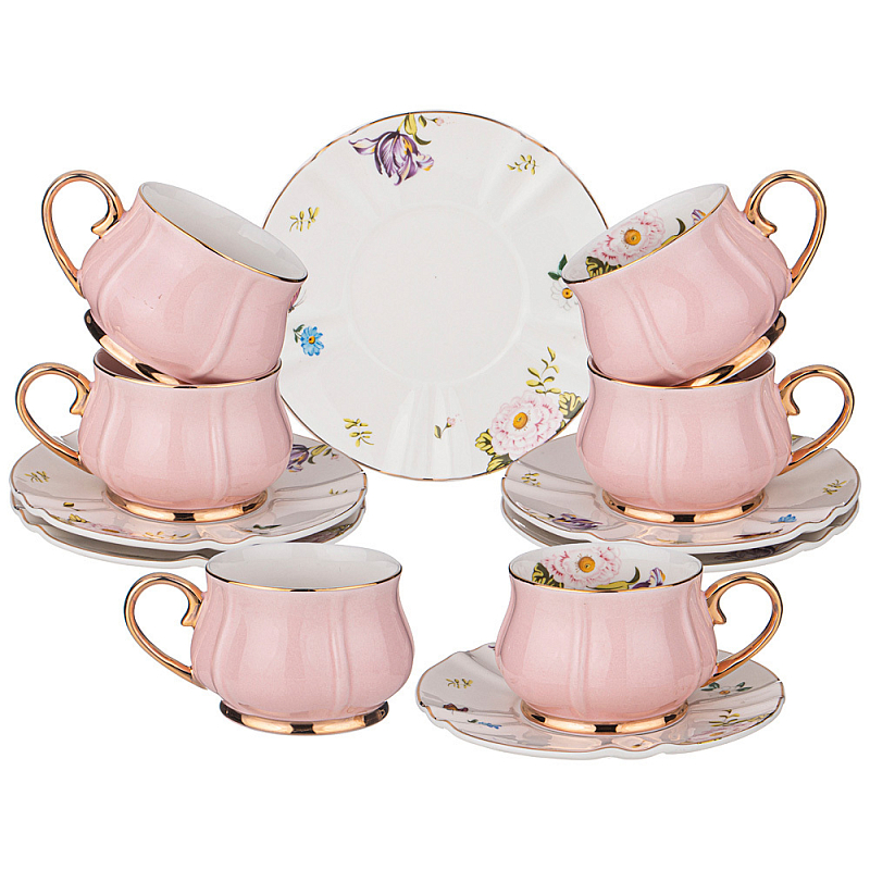 Чайный набор из фарфора на 6 персон 12 предметов Tea Porcelain Set Белый Золотой Розовый в Омске | Loft Concept 