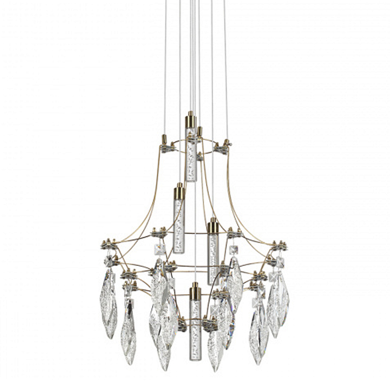 Люстра подвесная из металла с хрустальными подвесками прозрачного цвета Quasar 41 Золотой Хром в Омске | Loft Concept 