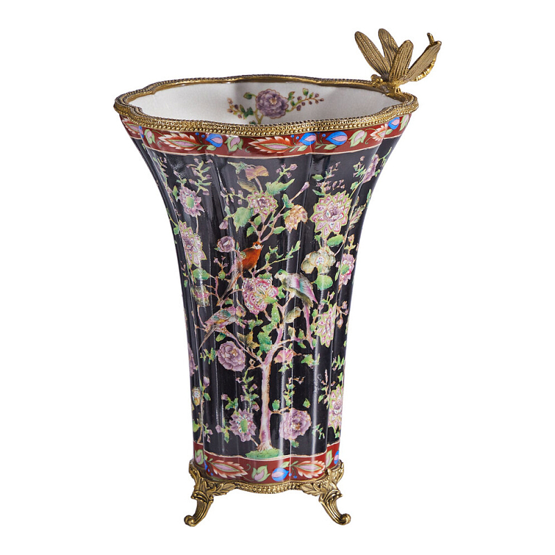 Ваза из фарфора черная с цветочной росписью и бронзовой стрекозой Spring Garden Бронза Мульти Черный в Омске | Loft Concept 