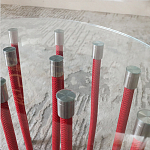 Дизайнерский журнальный стол с круглой прозрачной столешницей и основанием в виде красных металлических тросов Wires варинант исполнения - 5 | Loft Concept в Омске