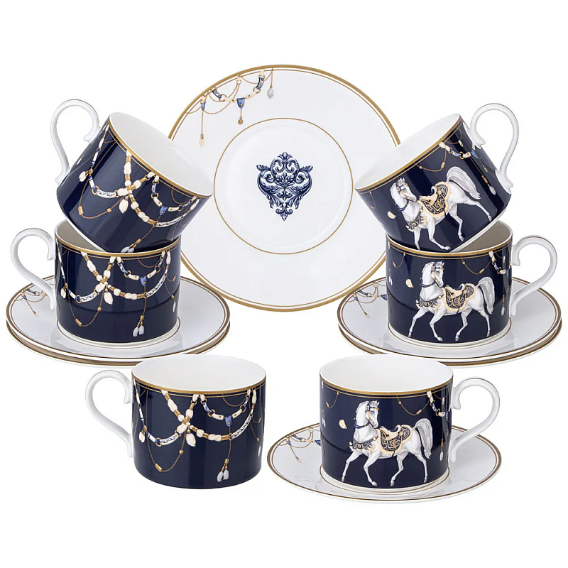 Чайный набор из фарфора с изображением лошадей на 6 персон 12 предметов Porcelain Horse Set Белый Синий в Омске | Loft Concept 