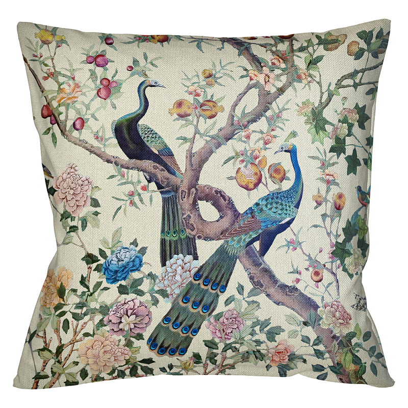 Подушка декоративная с изображением павлинов в саду Beige Chinoiserie Garden Two Peacocks Cushion Бежевый Мульти Подушка декоративная с изображением павлинов в саду Beige Chinoiserie Garden Two Peacocks Cushion Бежевый Мульти в Омске | Loft Concept