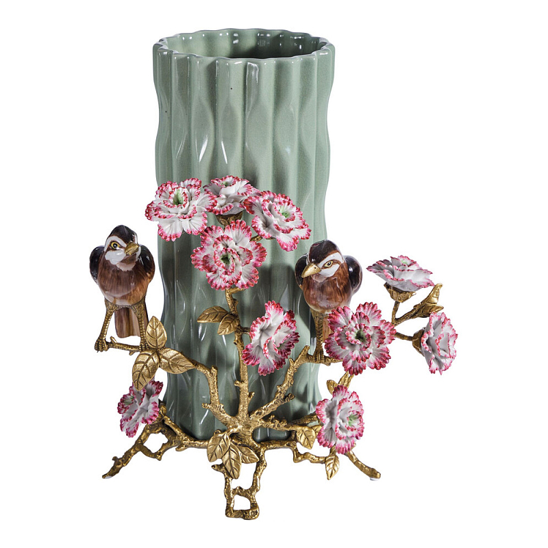 Ваза с птицами и цветами из фарфора с бронзовыми элементами Garden of Eden Бронза Мульти Зеленый в Омске | Loft Concept 