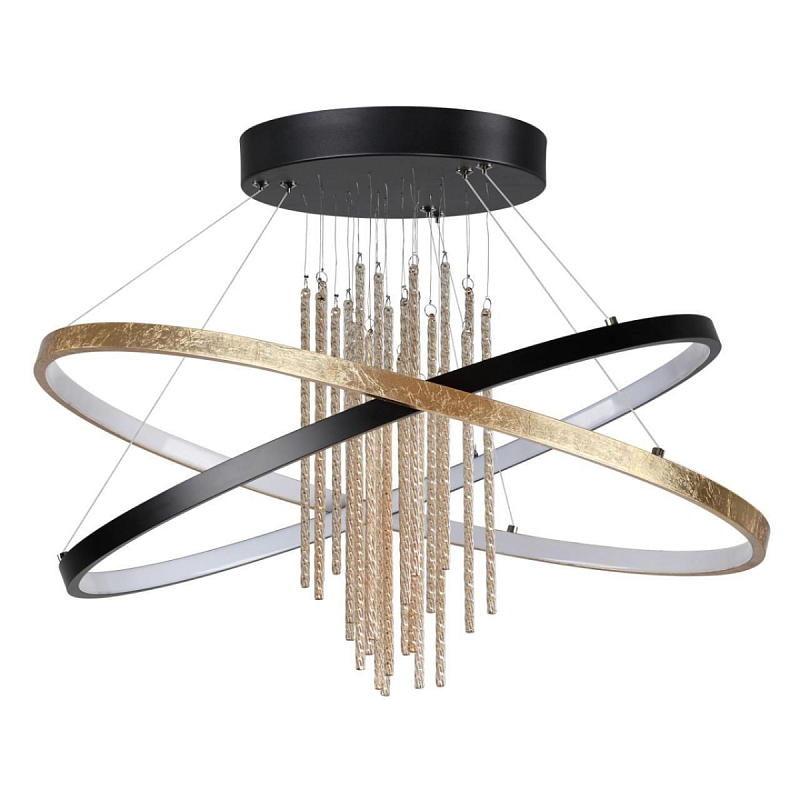 Люстра подвесная с 2-мя пересекающимися круглыми подвесами в черном и золотистом цвете и вертикальными подвесками Ring Horizontal Черный Золотой в Омске | Loft Concept 