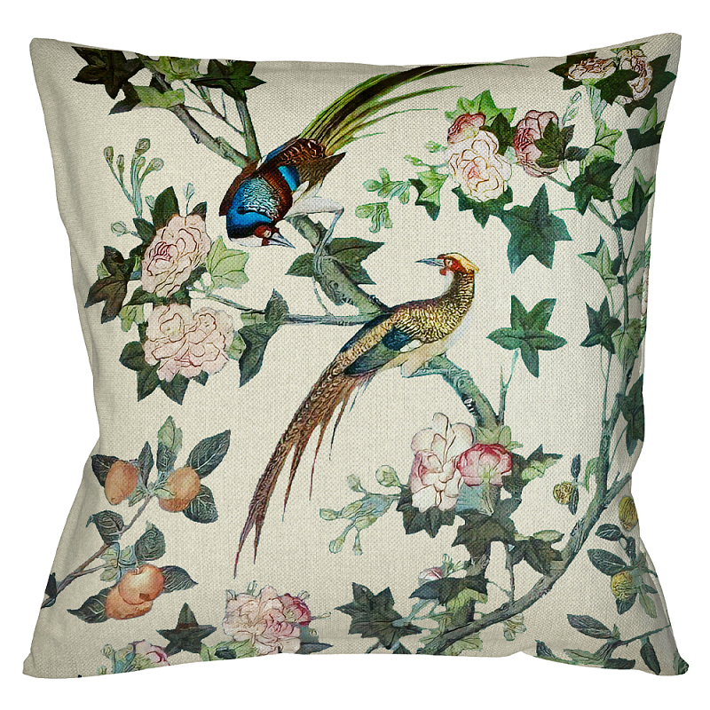 Подушка декоративная с изображением птицы в саду Beige Chinoiserie Birds in the Rose Garden Cushion Бежевый Мульти Подушка декоративная с изображением птицы в саду Beige Chinoiserie Birds in the Rose Garden Cushion Бежевый Мульти в Омске | Loft Concept