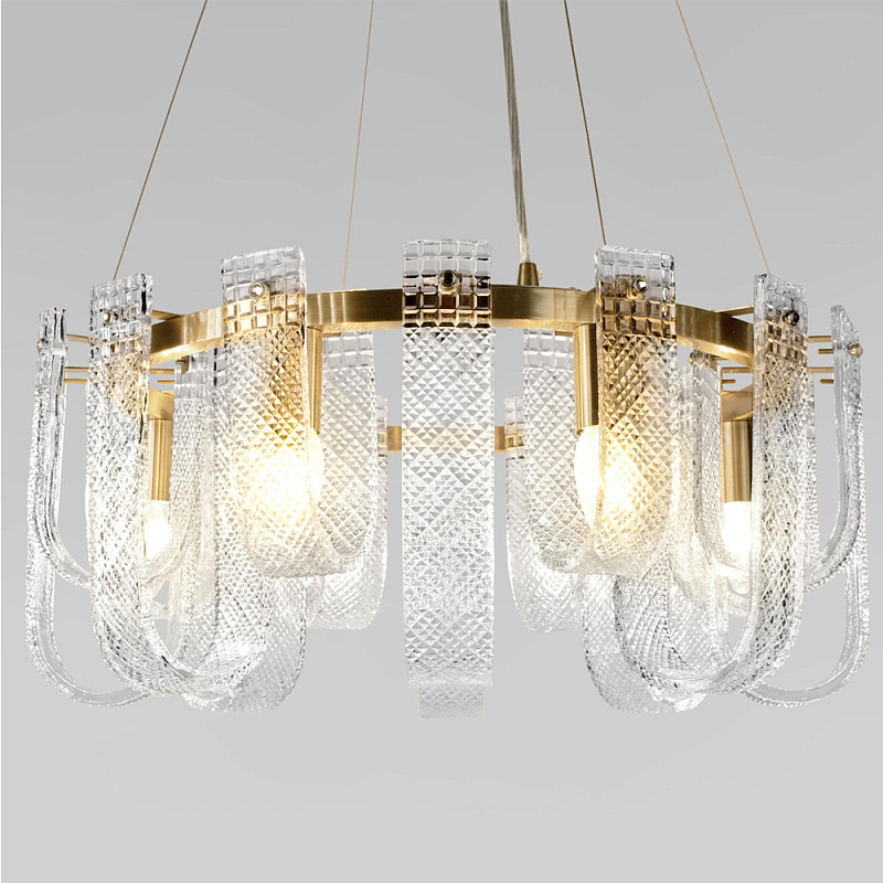 Люстра подвесная круглая с металлическим основанием золотого цвета и хрустальными подвесками Textured Glass Chandelier Золотой Прозрачный в Омске | Loft Concept 