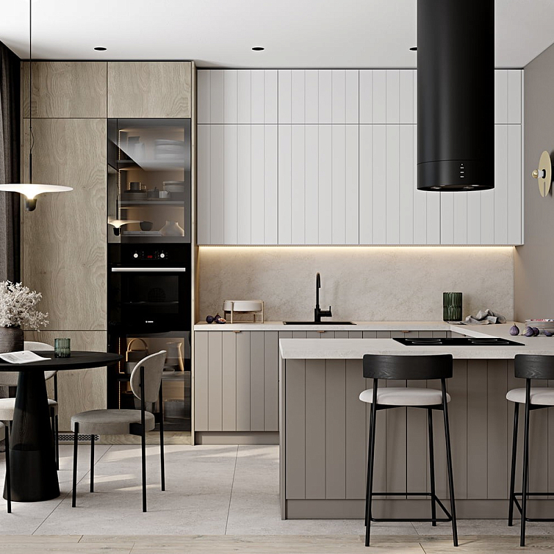 Кухонный гарнитур с фасадом в полоску Rainier Kitchen Set Серый Бежевый Белый Древесина Кухонный гарнитур с фасадом в полоску Rainier Kitchen Set Серый Бежевый Белый Древесина в Омске | Loft Concept