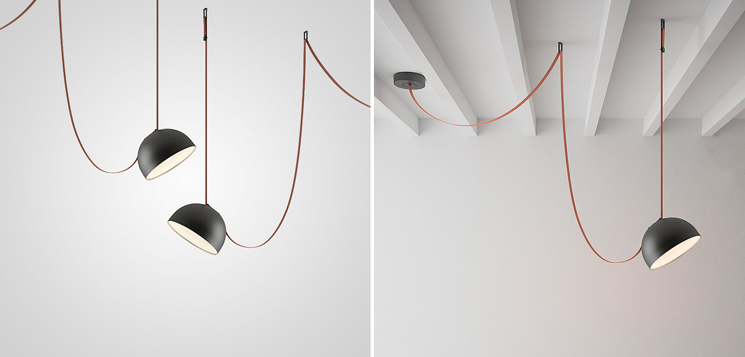 Vibia PLUSMINUS Подвесной светодиодный светильник c черным абажуром на красном текстильном тросе Vibia PLUSMINUS Подвесной светодиодный светильник c черным абажуром на красном текстильном тросе - Loft-Concept в Омске