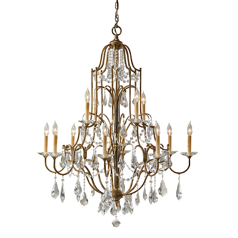 Люстра многоярусная с 12-ю лампами и стеклянными подвесками в классическом стиле Feiss Бронза Прозрачное Стекло в Омске | Loft Concept 