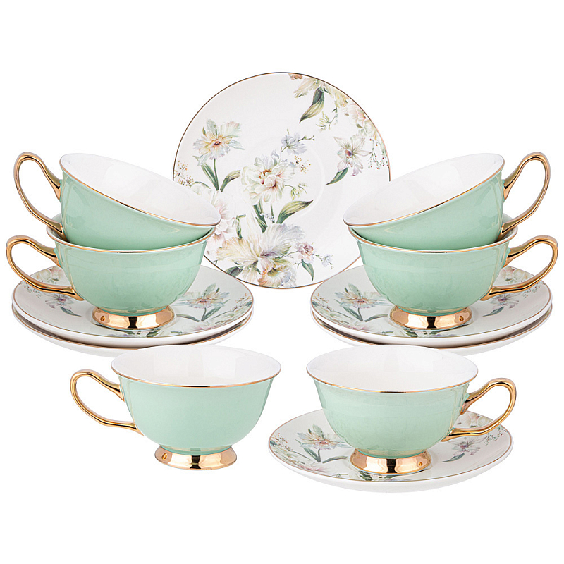 Чайный набор из фарфора на 6 персон Tea Porcelain Set Белый Золотой Зеленый в Омске | Loft Concept 