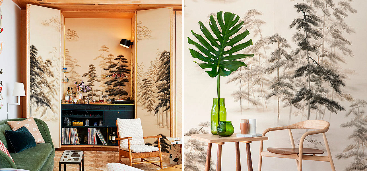 Обои ручная роспись Abstract Pines Dark Lacquer on Natural Mica metallic silk Обои ручная роспись Abstract Pines Dark Lacquer on Natural Mica metallic silk - Loft-Concept в Омске