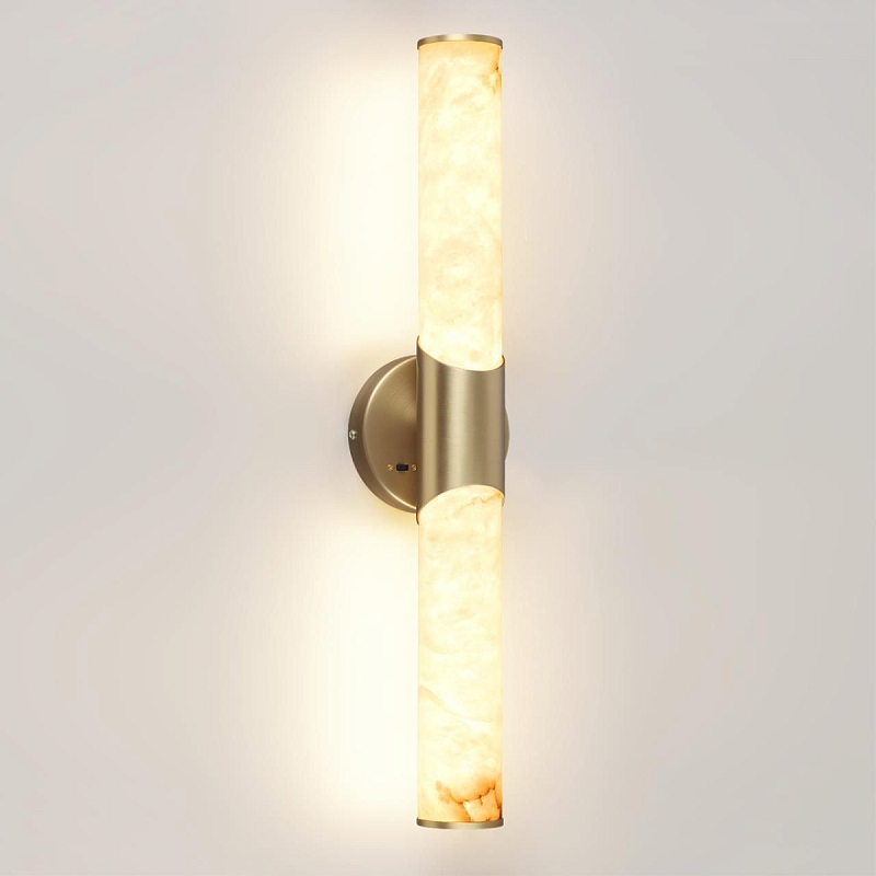 Бра с вытянутым цилиндрическим плафоном из белого алебастра на круглом основании Латунь Cryptocrystalline Stone Латунь Белый в Омске | Loft Concept 