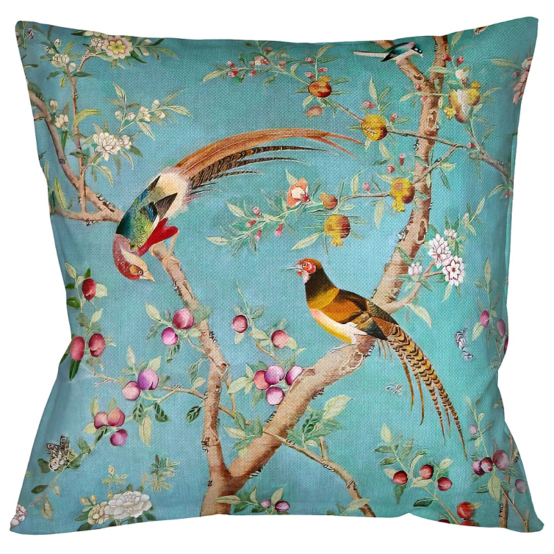 Подушка декоративная с изображением птиц в саду Chinoiserie Birds in the Peach Orchard Cushion Мульти Бирюзовый в Омске | Loft Concept 