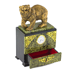 Часы настольные с декором в виде медведя и выдвижным ящиком из натурального камня Змеевик Bear Stone Clock варинант исполнения - 3 | Loft Concept в Омске
