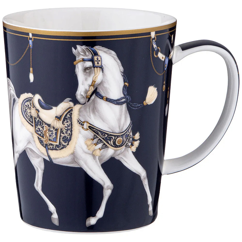 Кружка из фарфора синяя с изображением лошади 400 мл Porcelain Horse Set Белый Синий Золотой в Омске | Loft Concept 