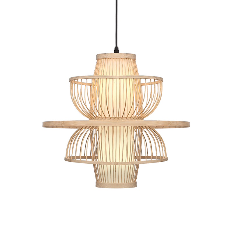 Подвесной светильник фигурный из деревянных прутьев с плафоном из натуральной ткани Light Inside the Cell Древесина в Омске | Loft Concept 