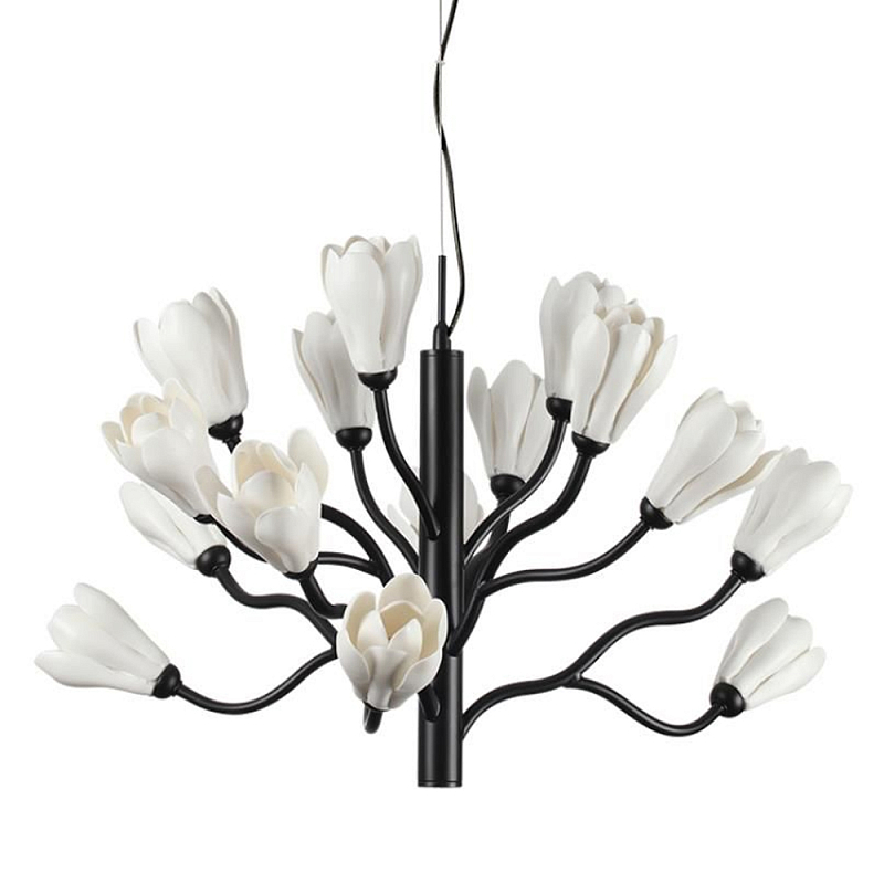 Люстра подвесная черного цвета с ветвями и белыми фарфоровыми цветами Floralis Черный Белый в Омске | Loft Concept 