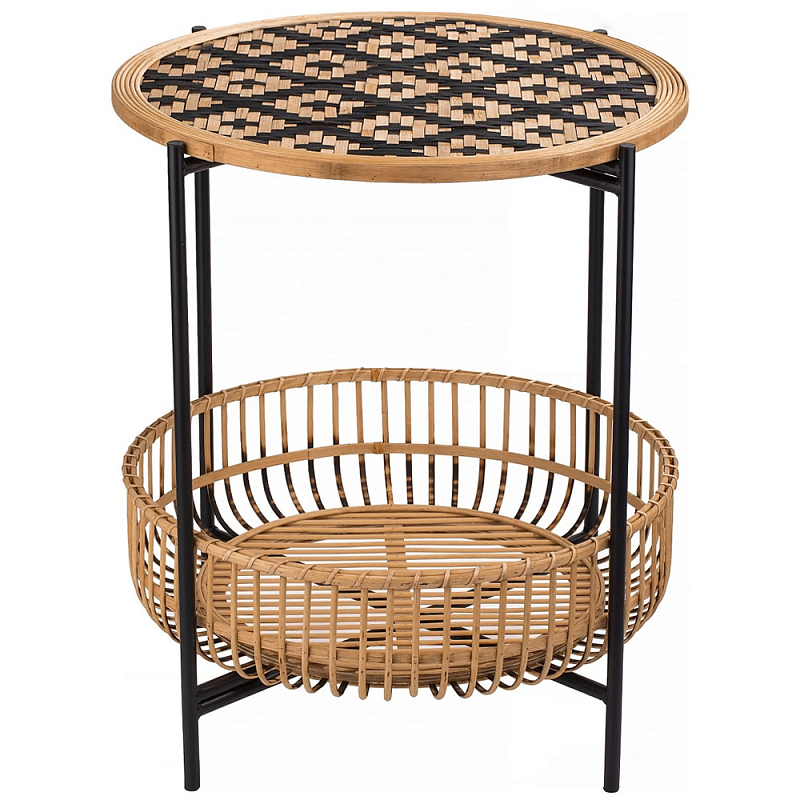Круглый кофейный стол с плетеной столешницей и полкой Norberta Wicker Coffee Table Коричневый Черный Круглый кофейный стол с плетеной столешницей и полкой Norberta Wicker Coffee Table Коричневый Черный в Омске | Loft Concept