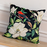 Декоративная подушка чёрная с изображением птицы в саду Blooming Red Birds варинант исполнения - 2 | Loft Concept в Омске