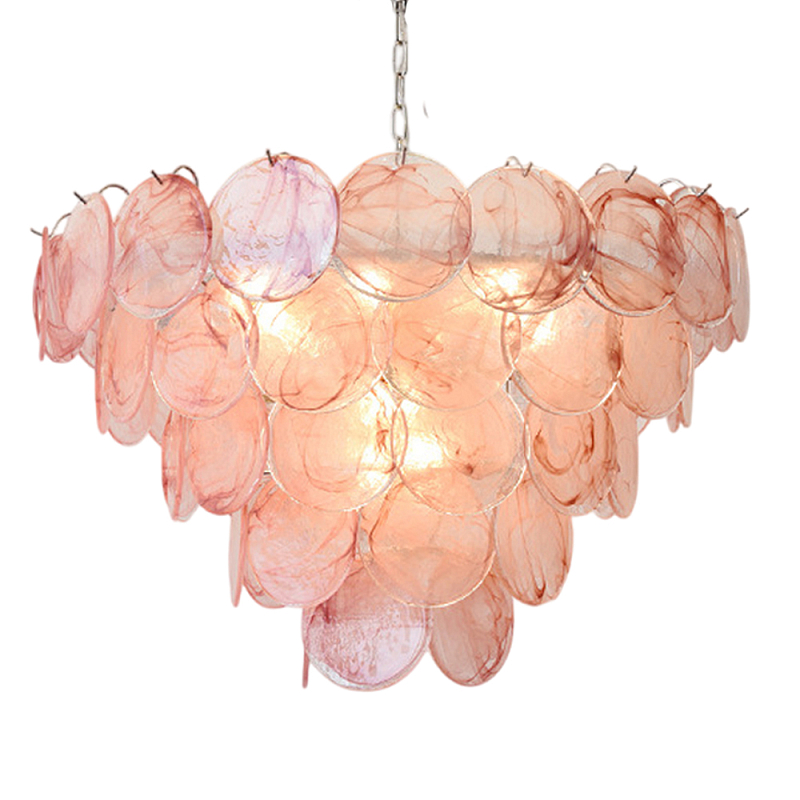 Люстра с каскадом из круглых розовых стеклянных дисков Pink Light Waterfall Розовый Хром Люстра с каскадом из круглых розовых стеклянных дисков Pink Light Waterfall Розовый Хром в Омске | Loft Concept