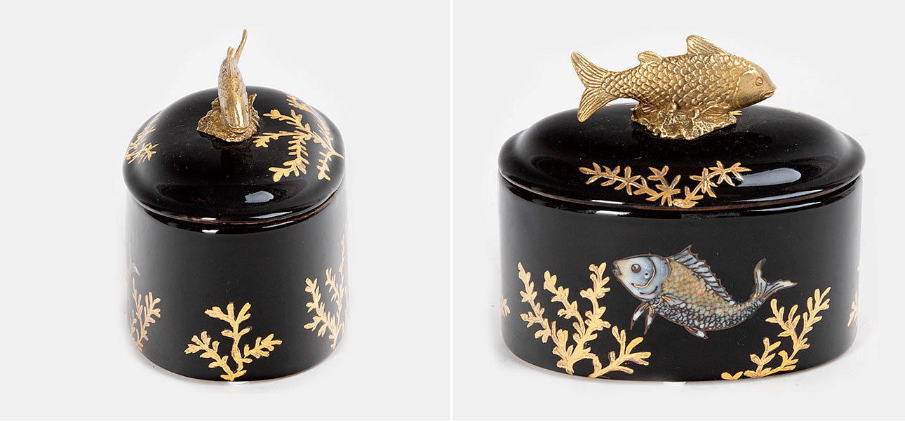 Шкатулка черная фарфоровая Золотая Рыбка Gold fish Шкатулка черная фарфоровая Золотая Рыбка Gold fish - Loft-Concept в Омске