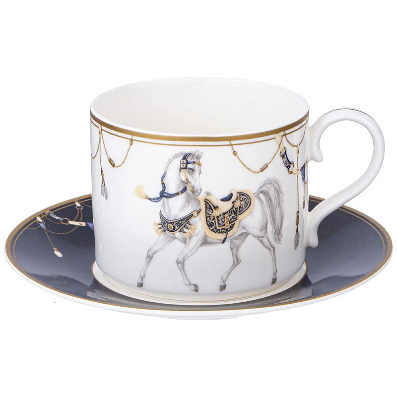 Чайная пара из фарфора с изображением лошади 300 мл Porcelain Horse Set 2 Белый Синий Золотой в Омске | Loft Concept 