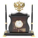 Часы настольные с Гербом России и 2-мя шариковыми ручками в комплекте Stone Clock варинант исполнения - 4 | Loft Concept в Омске