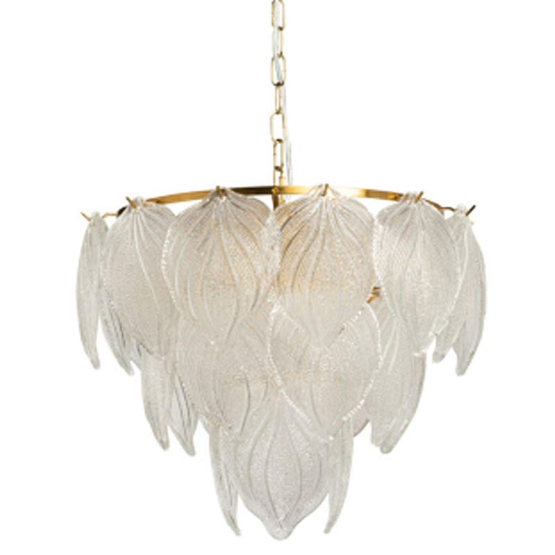 Люстра на цепи с прозрачными стеклянными подвесками в виде листьев Textured Glass Chandelier Прозрачное Стекло Латунь в Омске | Loft Concept 