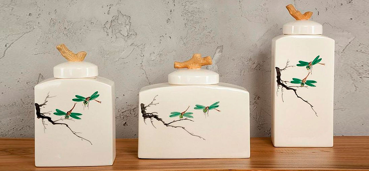 Ваза низкая с крышкой керамическая стрекоза Ornament Ваза низкая с крышкой керамическая стрекоза Ornament - Loft-Concept в Омске