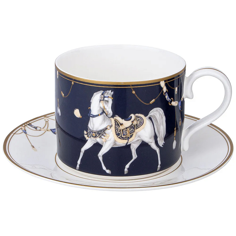 Чайная пара из фарфора с изображением лошади 300 мл Porcelain Horse Set  Белый Синий Золотой в Омске | Loft Concept 