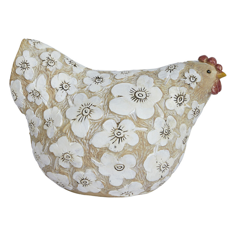 Статуэтка курица с резными белыми цветами на бежевой фактурной поверхности Rustic Chicken Красный Бежевый Белый в Омске | Loft Concept 