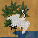 Обои ручная роспись Tsuro Cranes Original colourway on Gold Bullion gilded silk варинант исполнения - 1 | Loft Concept в Омске