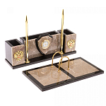 Настольный письменный набор из бежевого мрамора с часами и гербом Marble Accessory варинант исполнения - 2 | Loft Concept в Омске