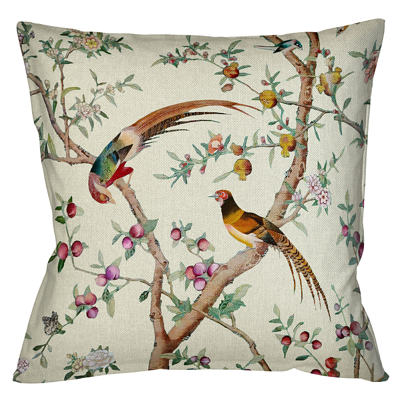 Подушка декоративная с изображением птиц в саду Beige Chinoiserie Birds in the Peach Orchard Cushion Мульти Бежевый в Омске | Loft Concept 