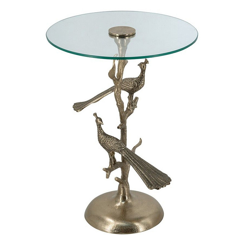 Столик с круглой стеклянной столешницей и корпусом в виде двух павлинов на ветке Table Two Peacocks Золотой Прозрачный в Омске | Loft Concept 