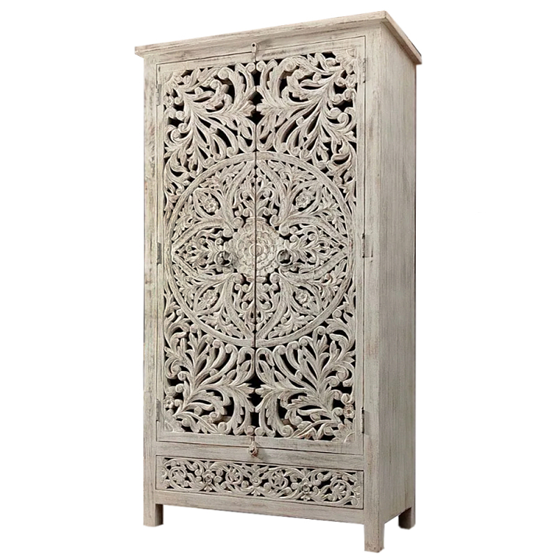 Шкаф с орнаментом ручная резьба из дерева Indian Antique Furniture Серый Шкаф с орнаментом ручная резьба из дерева Indian Antique Furniture Серый в Омске | Loft Concept