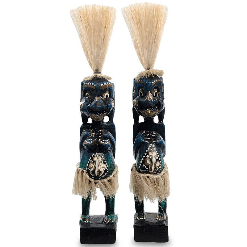 Комплект из 2-х деревянных статуэток Asmat Straw Headdress Statuettes Dark Blue Темно-синий Бирюзовый Черный Бежевый в Омске | Loft Concept 
